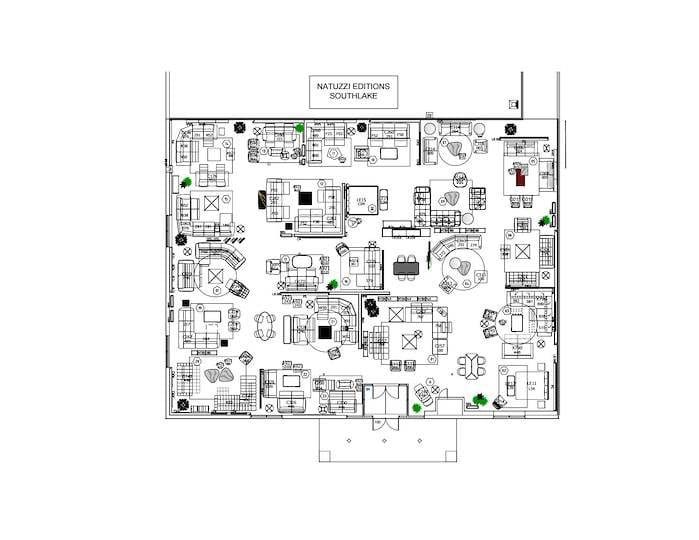 Dimensioned AutoCAD base plan of a Natuzzi Editions store showing column grid and circulation.