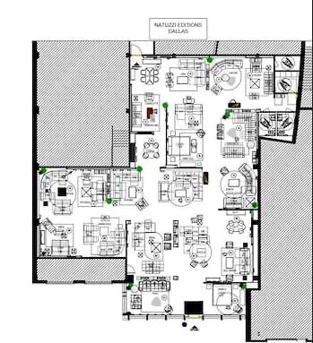 Dimensioned AutoCAD space plan for the Southlake flagship showing zoned upholstery settings and circulation.